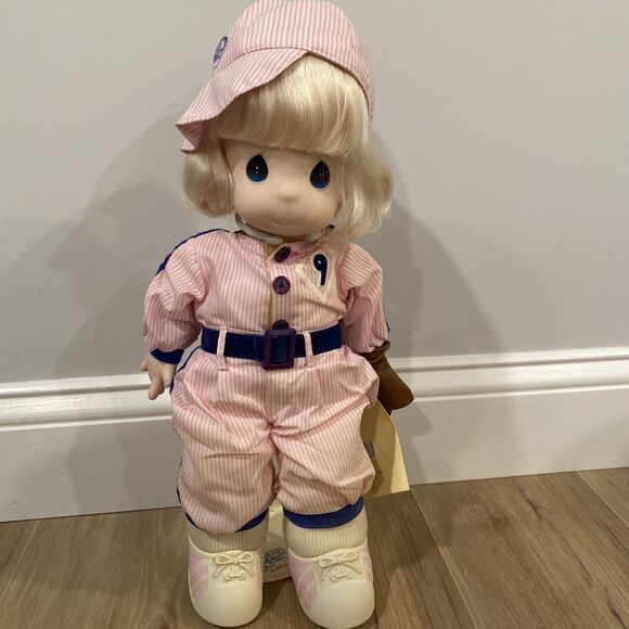 Precious Moments Tracey Baseball Player Blonde Pink Outfit w/ Mitt 17” w/Stand - Picture 1 of 9